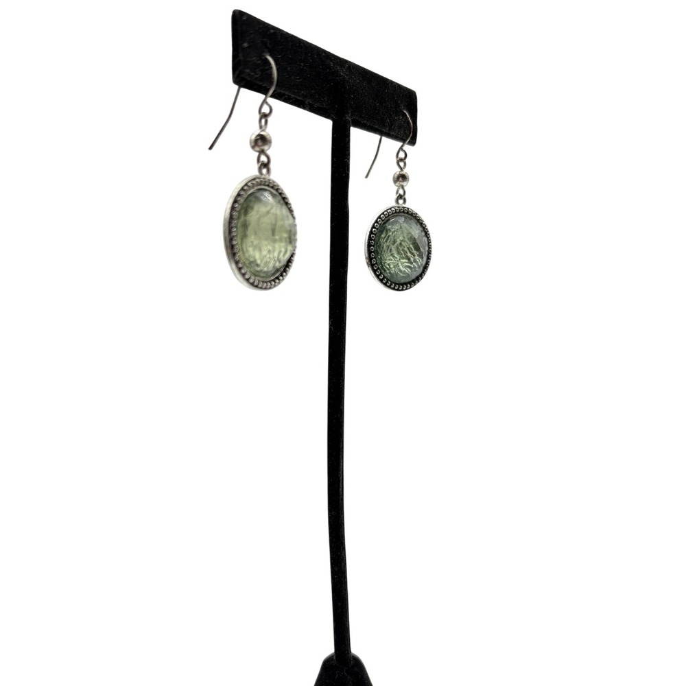 Green Glass Round Dangle Earrings Silver Tone Beaded Edge Drop Hook Boho Women